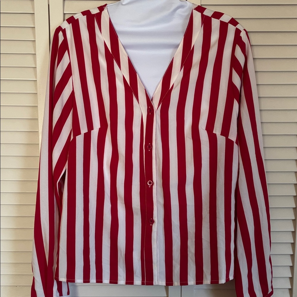 SHEIN Red and White Woman’s long sleeve buttoned down Striped Shirt (XL)